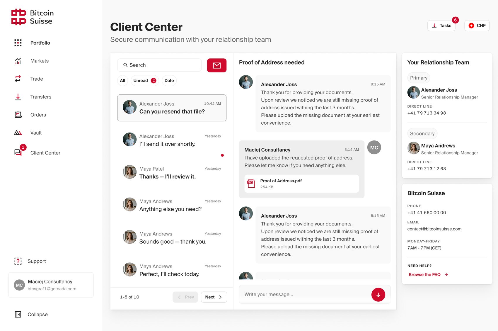 Client Center on desktop: a list of conversations with search and an Unread filter, an open conversation about a missing proof of address with a PDF attached, and the client's relationship team with direct phone lines.
