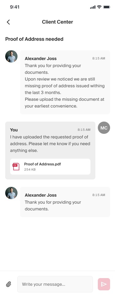 The same conversation on a phone, with the client's reply and an attached PDF.