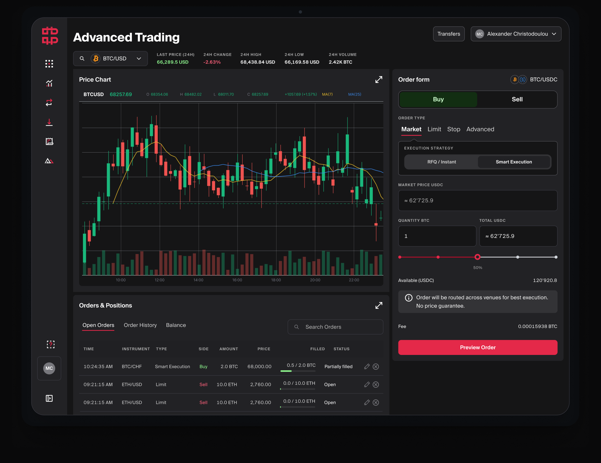 Advanced Trading on a laptop: price chart for BTC/USD, an order form set to a Market buy with Smart Execution, and an Orders and Positions table below.