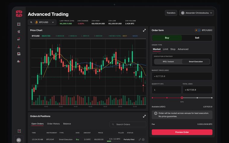 The Advanced Trading interface with chart, order form and orders table.