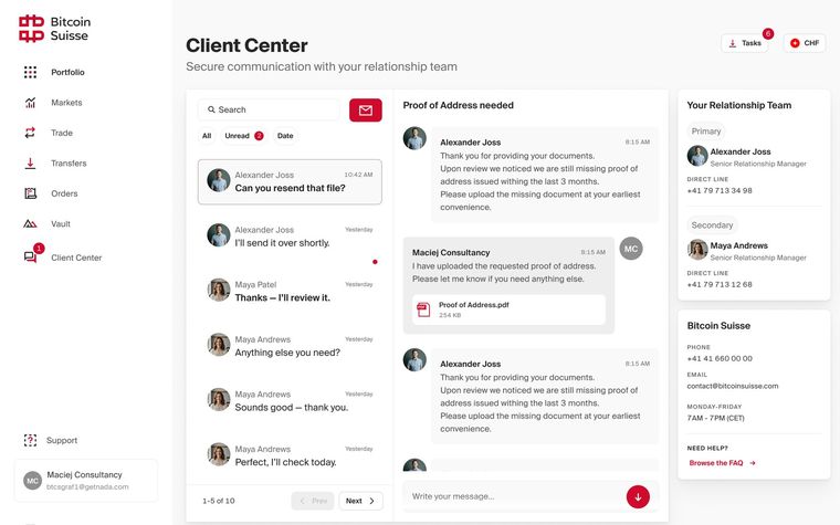 The Client Center inbox with conversations and the relationship team panel.