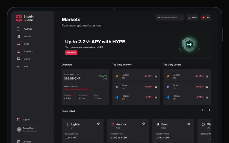 The Markets page with a Trade button on every asset row.